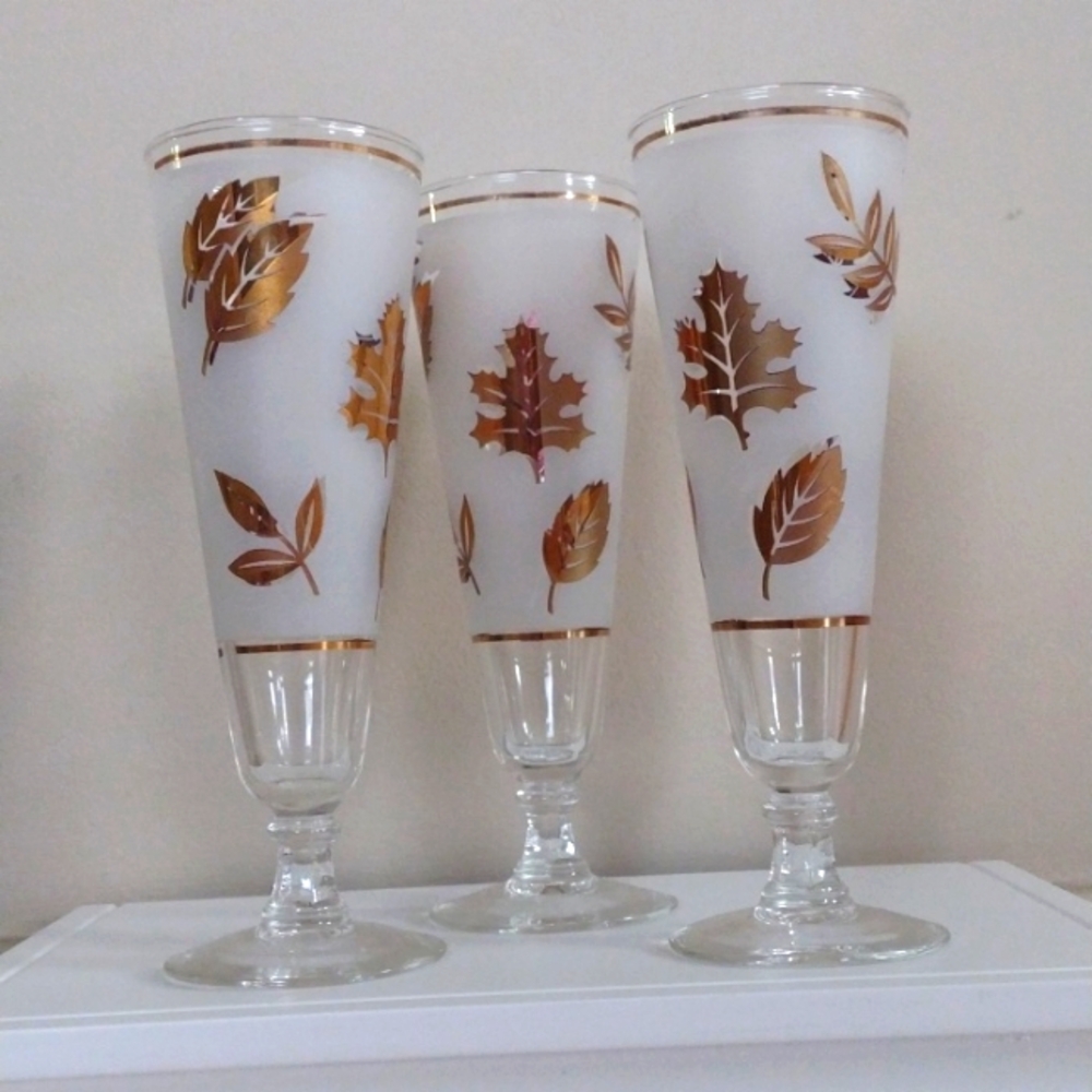 Libbey Trio Frosted Gilt Pilsner Leaf Motif Glasses Vintage 1960's